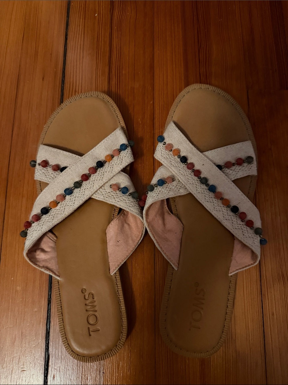 Toms Women's Cream Crisscross Slide Sandals with Multicolor Poms